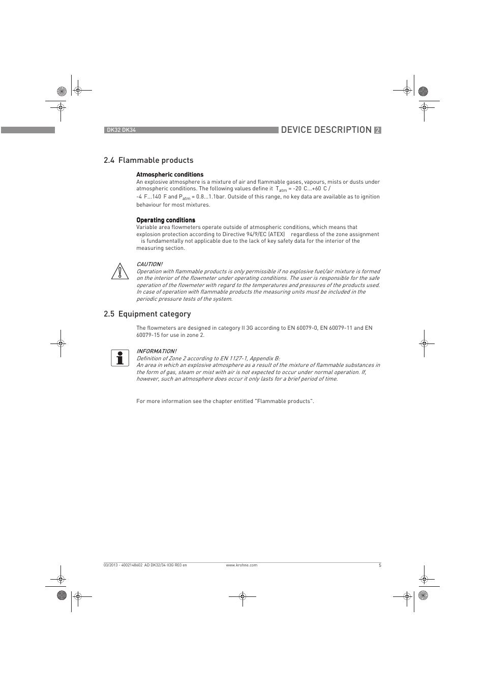 Device description, 4 flammable products, 5 equipment category | KROHNE DK 32-DK 34 ATEX II3G Ex nA-ic EN User Manual | Page 5 / 16