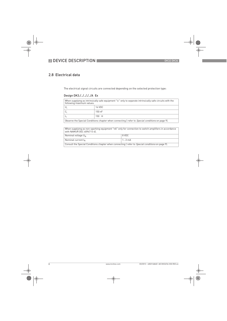 Device description, 8 electrical data | KROHNE DK 32-DK 34 ATEX II3G Ex nA-ic EN User Manual | Page 8 / 16