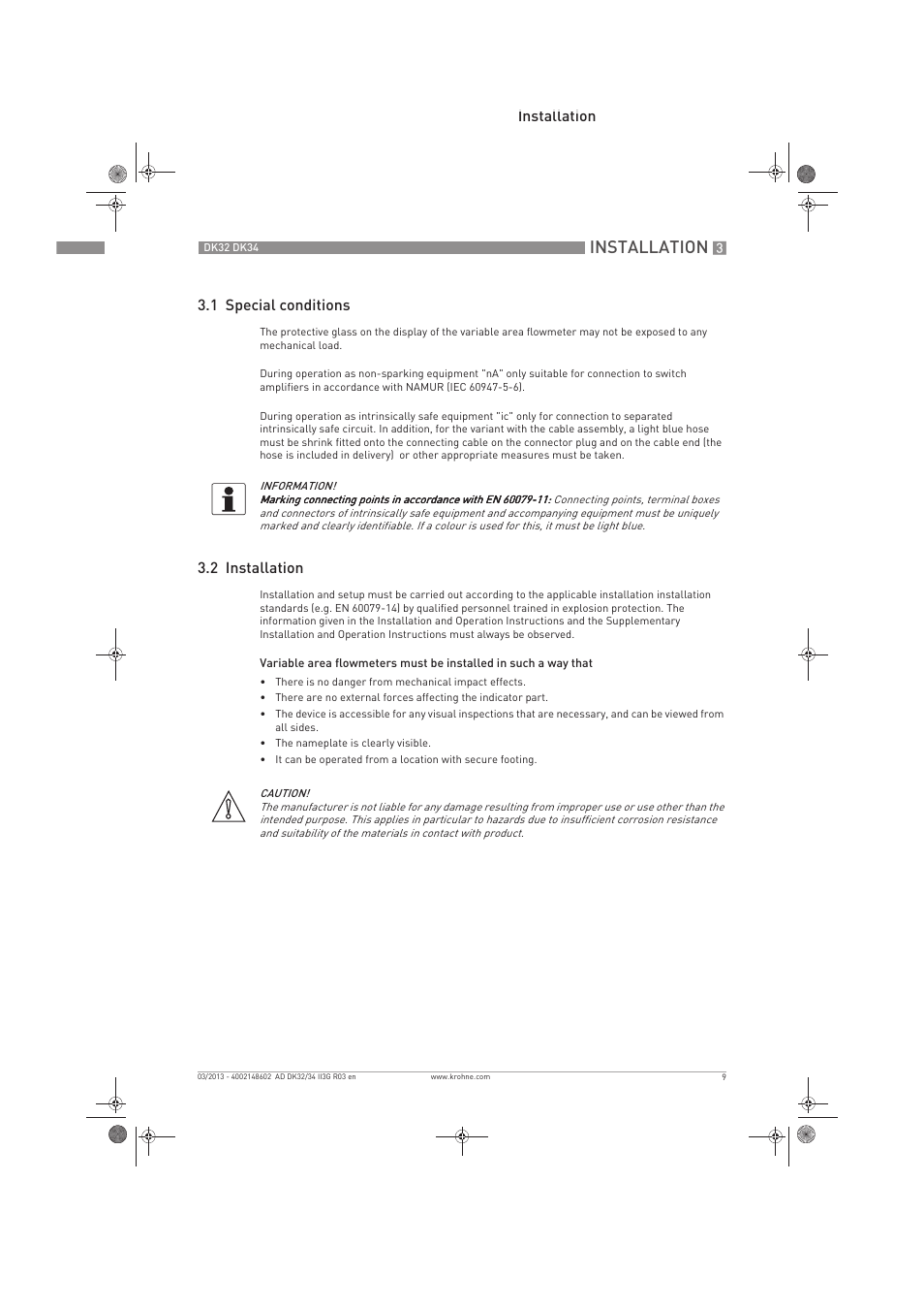 Installation, Installation 3.1 special conditions, 2 installation | KROHNE DK 32-DK 34 ATEX II3G Ex nA-ic EN User Manual | Page 9 / 16