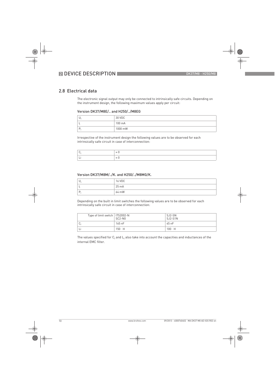 Device description, 8 electrical data | KROHNE DK 37-H250 M8 ATEX II2G Ex i EN User Manual | Page 10 / 16