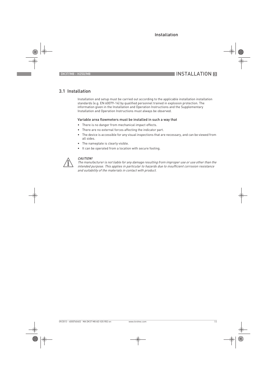 Installation, Installation 3.1 installation | KROHNE DK 37-H250 M8 ATEX II2G Ex i EN User Manual | Page 11 / 16