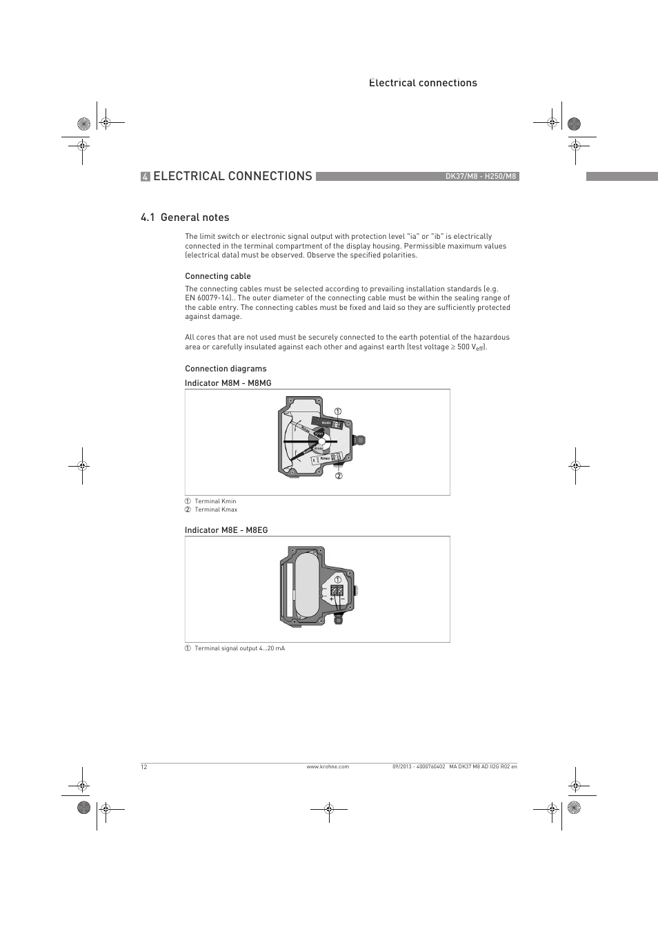Electrical connections | KROHNE DK 37-H250 M8 ATEX II2G Ex i EN User Manual | Page 12 / 16
