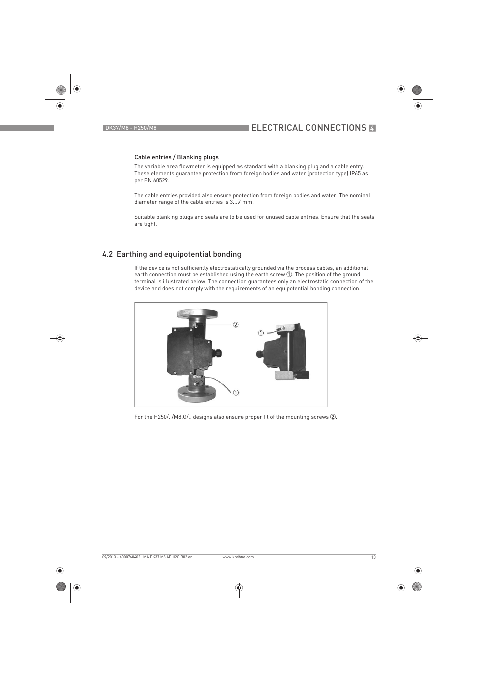 Electrical connections, 2 earthing and equipotential bonding | KROHNE DK 37-H250 M8 ATEX II2G Ex i EN User Manual | Page 13 / 16