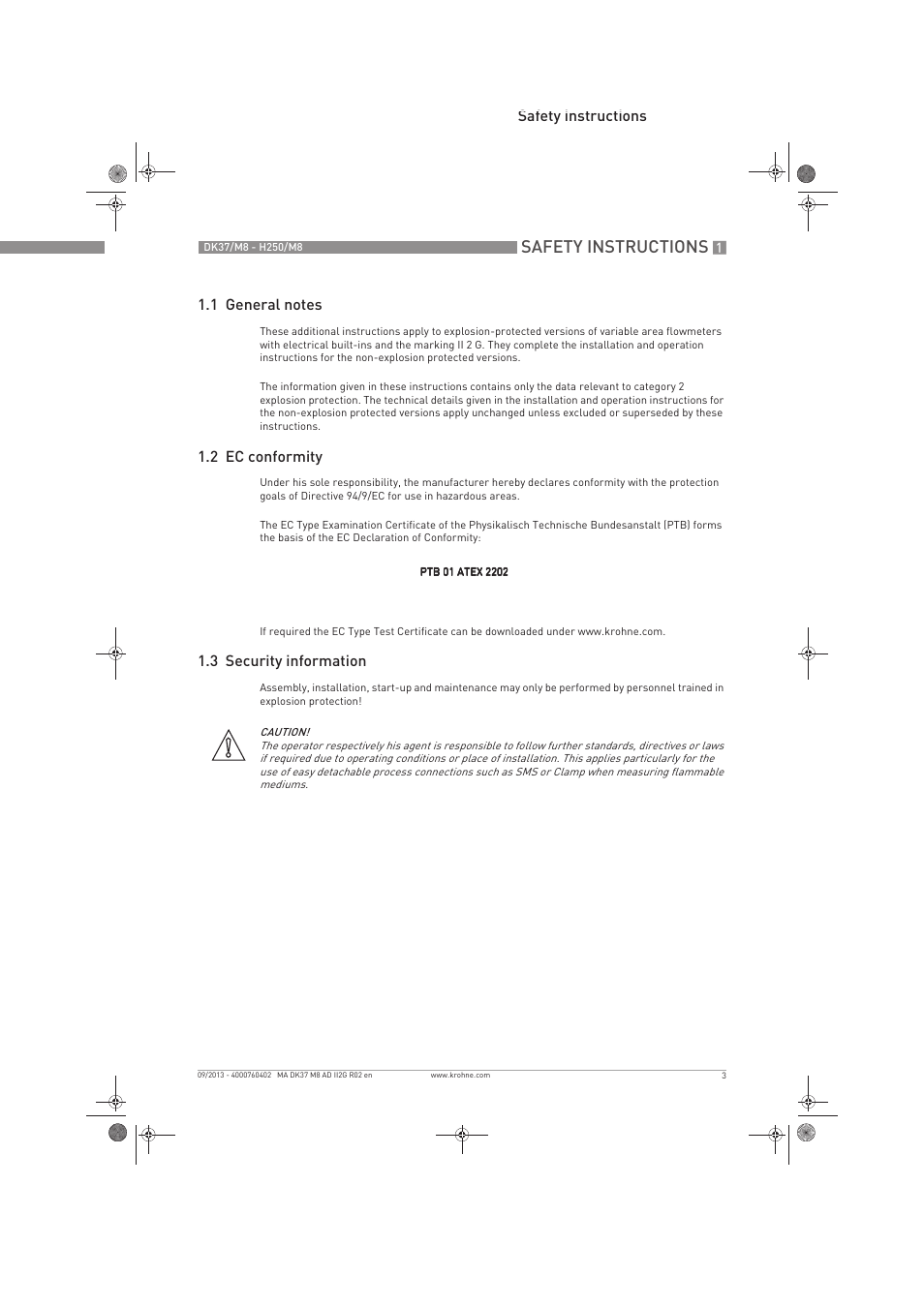 Safety instructions, 2 ec conformity, 3 security information | KROHNE DK 37-H250 M8 ATEX II2G Ex i EN User Manual | Page 3 / 16