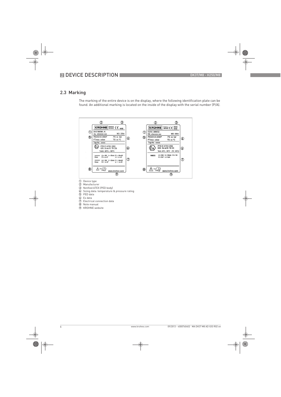 Device description, 3 marking | KROHNE DK 37-H250 M8 ATEX II2G Ex i EN User Manual | Page 6 / 16