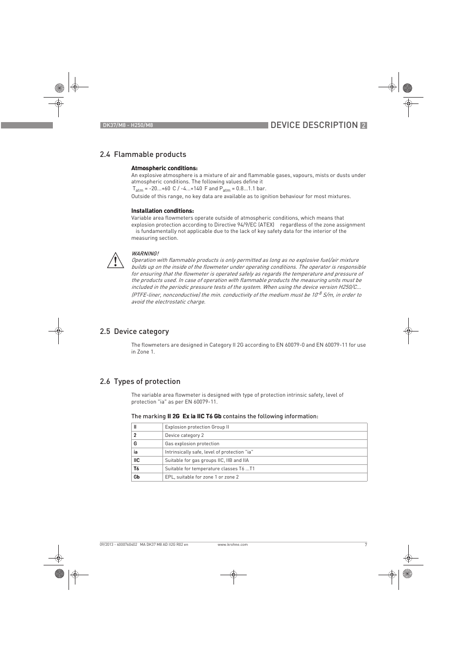 Device description, 4 flammable products, 5 device category | 6 types of protection | KROHNE DK 37-H250 M8 ATEX II2G Ex i EN User Manual | Page 7 / 16