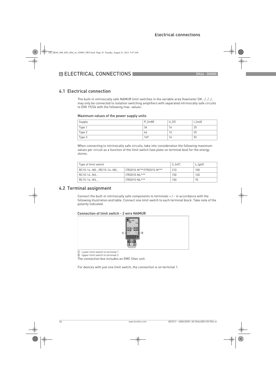 Electrical connections, Electrical connections 4.1 electrical connection, 2 terminal assignment | KROHNE DK 46-47-48-800 ATEX II2G Ex i EN User Manual | Page 10 / 16