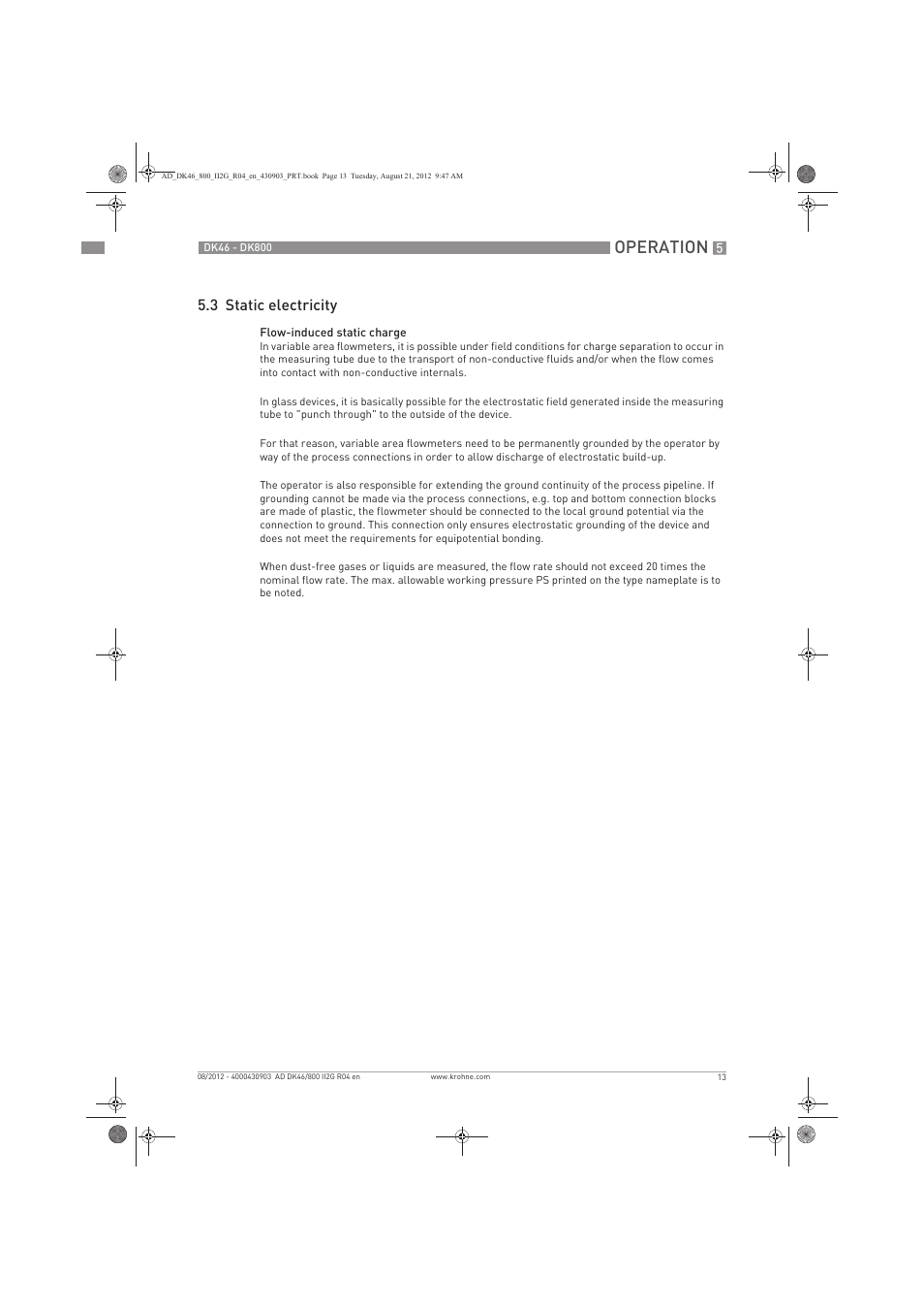 Operation, 3 static electricity | KROHNE DK 46-47-48-800 ATEX II2G Ex i EN User Manual | Page 13 / 16