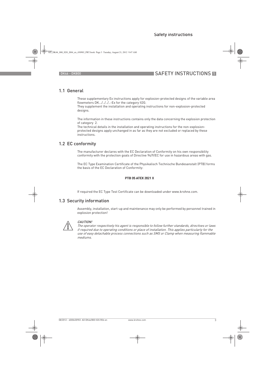 Safety instructions, Safety instructions 1.1 general, 2 ec conformity | 3 security information | KROHNE DK 46-47-48-800 ATEX II2G Ex i EN User Manual | Page 3 / 16