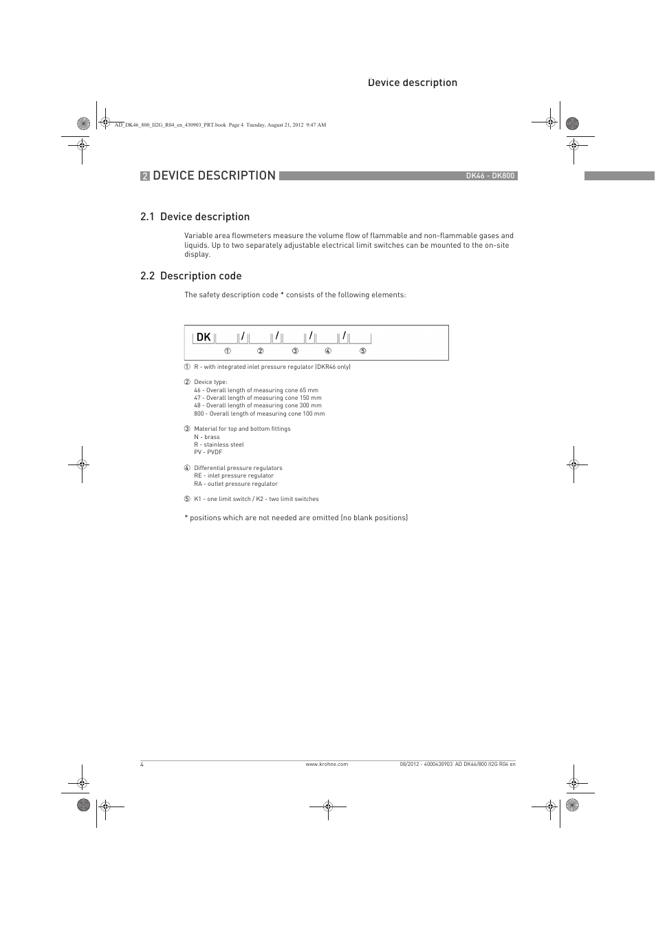 Device description, Device description 2.1 device description, 2 description code | KROHNE DK 46-47-48-800 ATEX II2G Ex i EN User Manual | Page 4 / 16