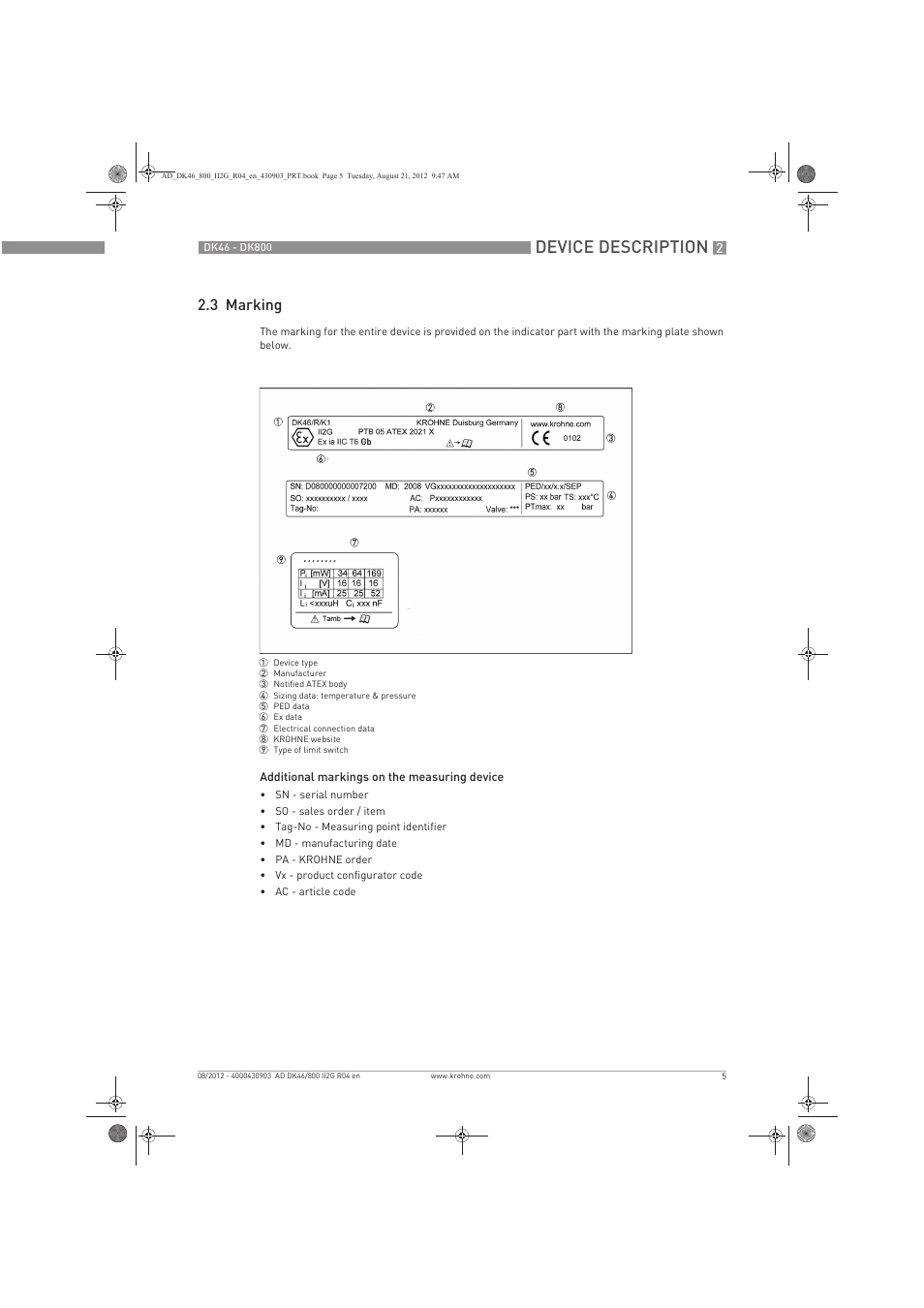 Device description, 3 marking | KROHNE DK 46-47-48-800 ATEX II2G Ex i EN User Manual | Page 5 / 16