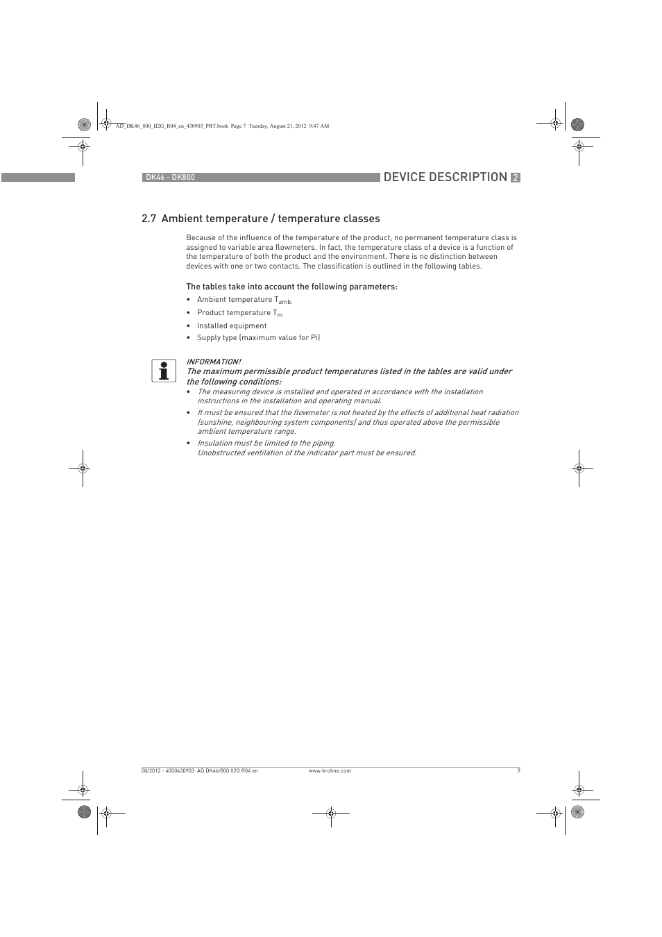 Device description, 7 ambient temperature / temperature classes | KROHNE DK 46-47-48-800 ATEX II2G Ex i EN User Manual | Page 7 / 16