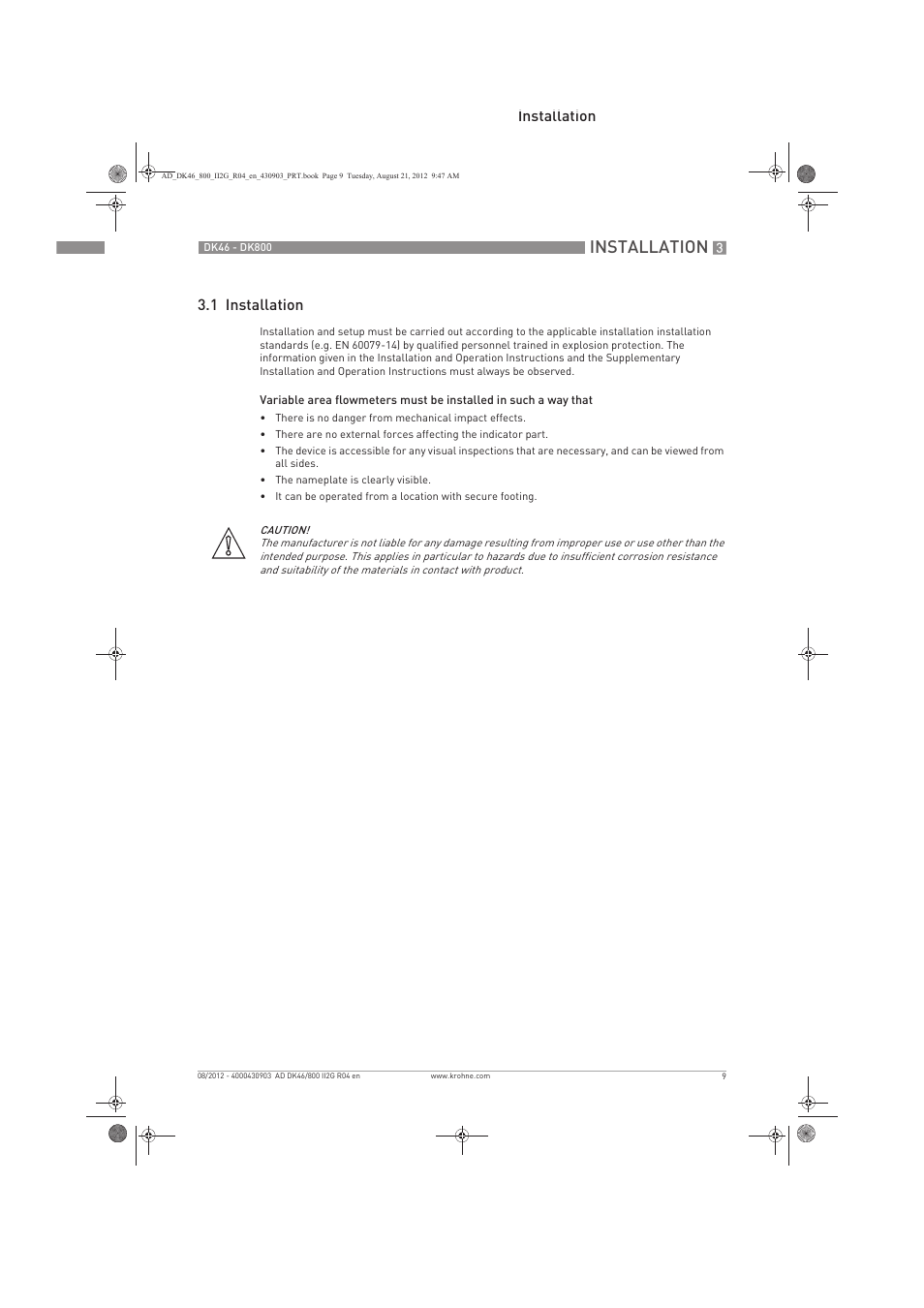 Installation, Installation 3.1 installation | KROHNE DK 46-47-48-800 ATEX II2G Ex i EN User Manual | Page 9 / 16