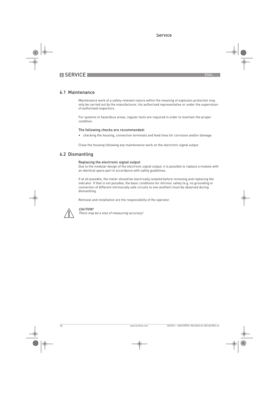 Service, Service 6.1 maintenance, 2 dismantling | KROHNE ESK4 Ex II2G Ex iEN User Manual | Page 10 / 12