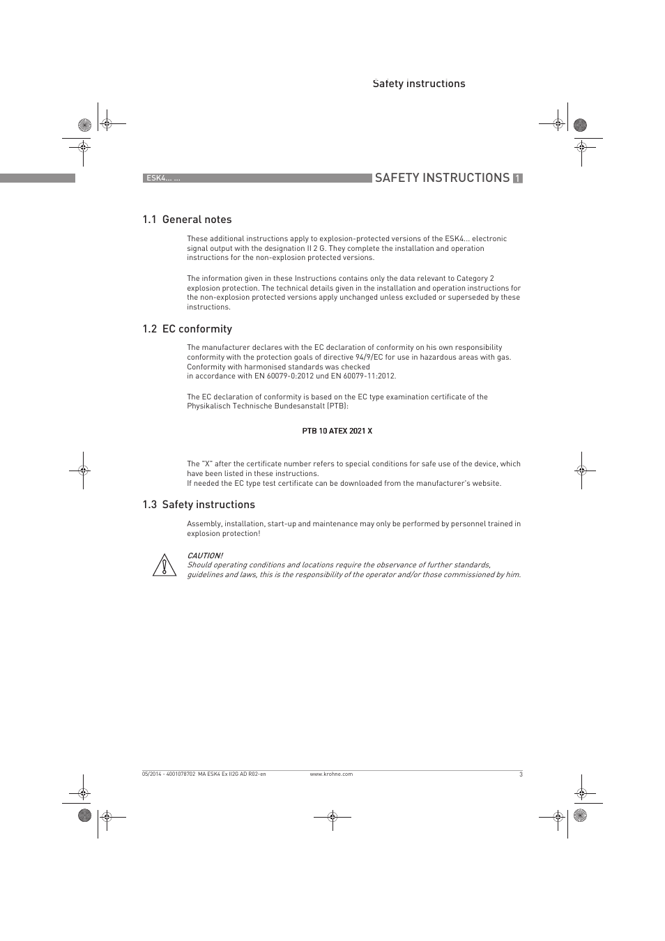Safety instructions, 2 ec conformity, 3 safety instructions | KROHNE ESK4 Ex II2G Ex iEN User Manual | Page 3 / 12