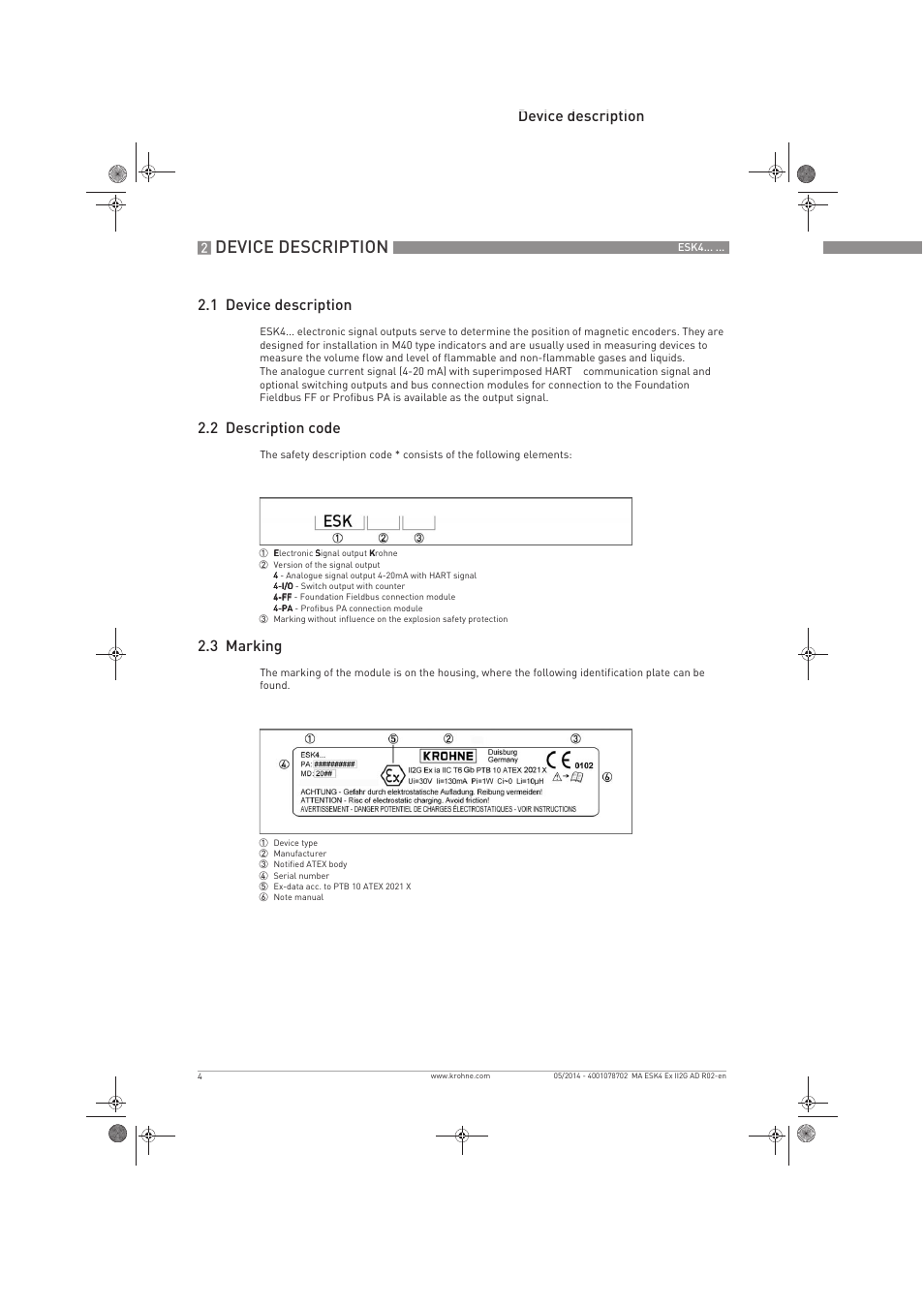 Device description, Device description 2.1 device description, 2 description code | 3 marking | KROHNE ESK4 Ex II2G Ex iEN User Manual | Page 4 / 12