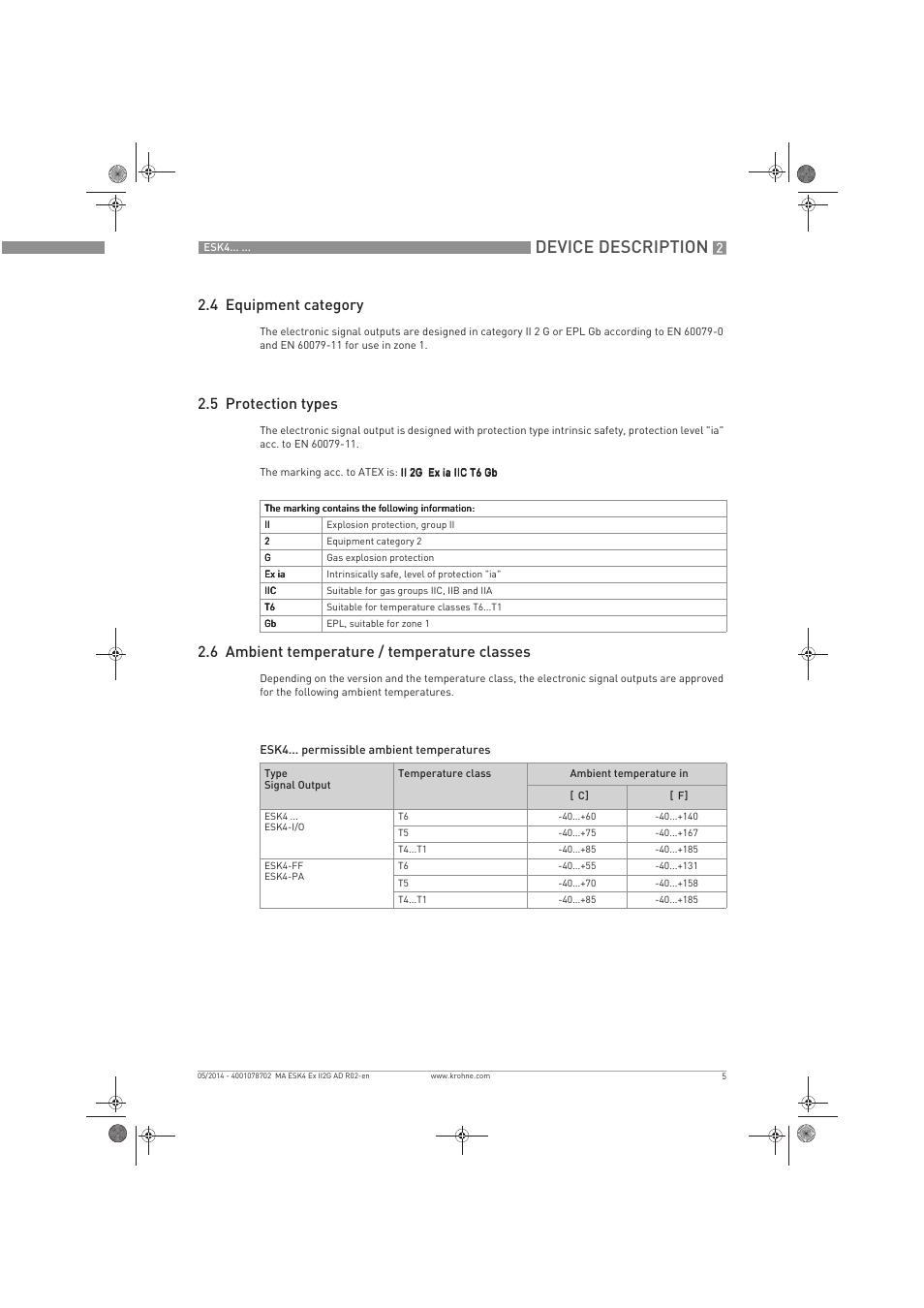Device description, 4 equipment category, 5 protection types | 6 ambient temperature / temperature classes | KROHNE ESK4 Ex II2G Ex iEN User Manual | Page 5 / 12