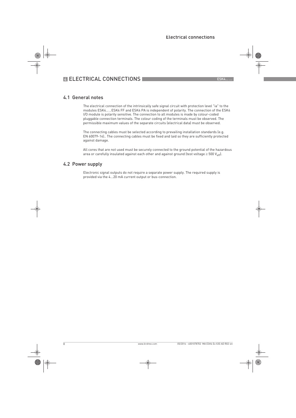 Electrical connections, 2 power supply | KROHNE ESK4 Ex II2G Ex iEN User Manual | Page 8 / 12