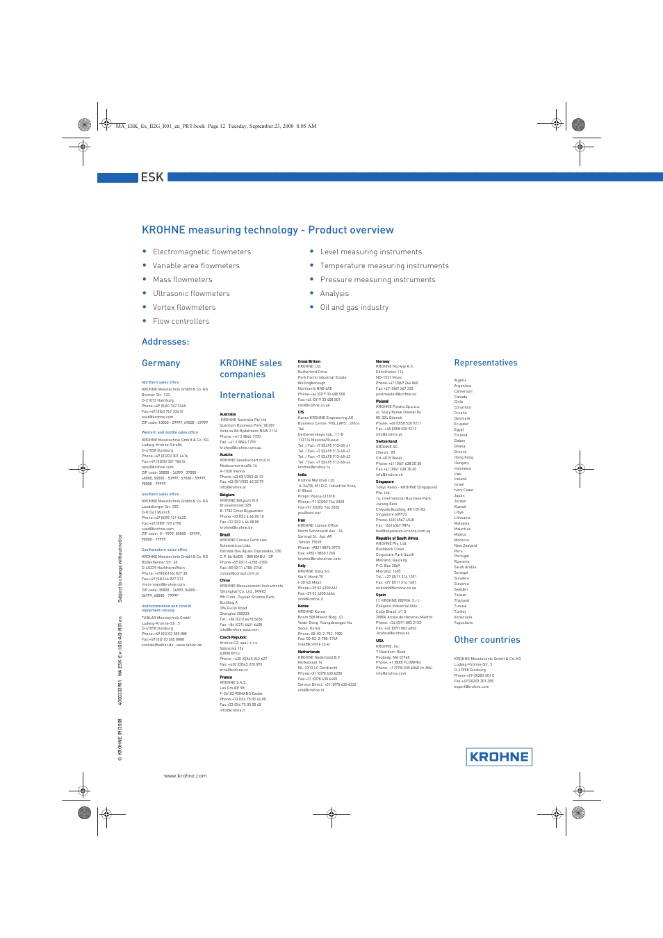 Krohne measuring technology - product overview, Addresses: germany, Krohne sales companies international | Other countries, Representatives, Electromagnetic flowmeters, Level measuring instruments, Variable area flowmeters, Temperature measuring instruments, Mass flowmeters | KROHNE ESKII ESK3 PA ATEX II2G Ex i EN User Manual | Page 12 / 12