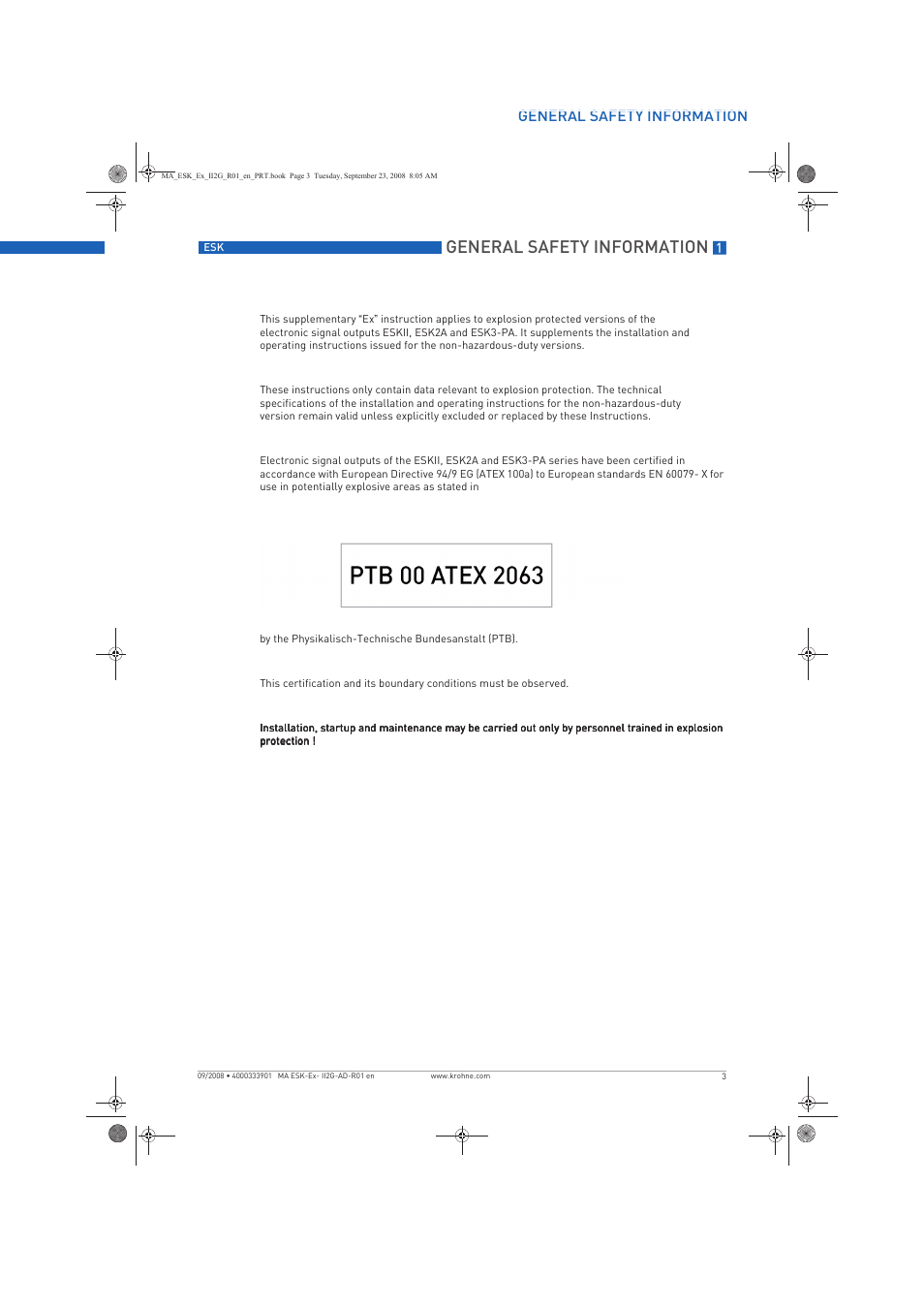 General safety information | KROHNE ESKII ESK3 PA ATEX II2G Ex i EN User Manual | Page 3 / 12