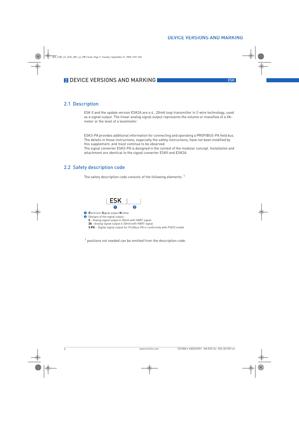 Device versions and marking, Device versions and marking 2.1 description, 2 safety description code | KROHNE ESKII ESK3 PA ATEX II2G Ex i EN User Manual | Page 4 / 12