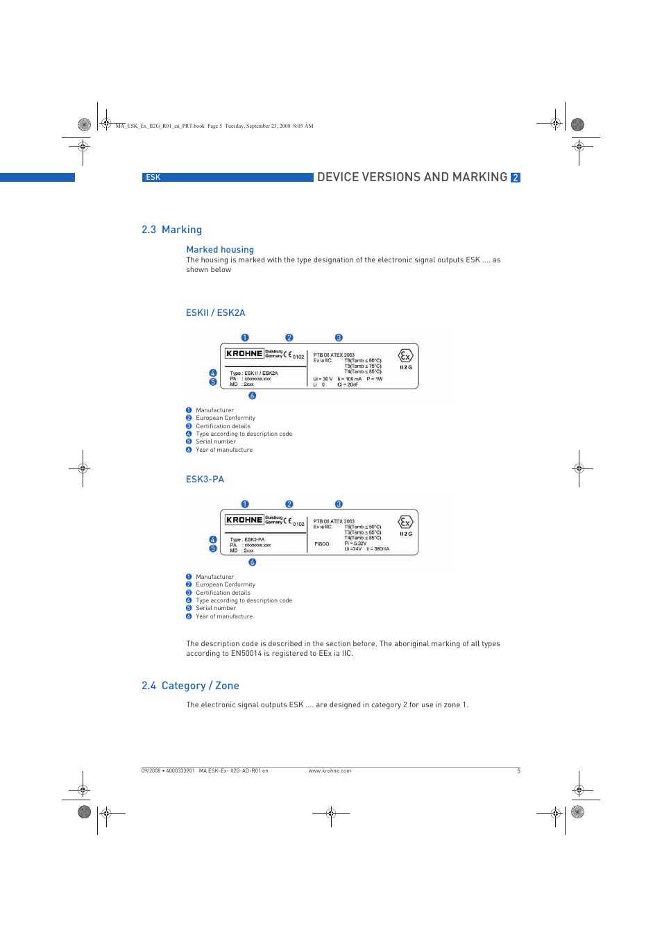 Device versions and marking, 3 marking, 4 category / zone | KROHNE ESKII ESK3 PA ATEX II2G Ex i EN User Manual | Page 5 / 12