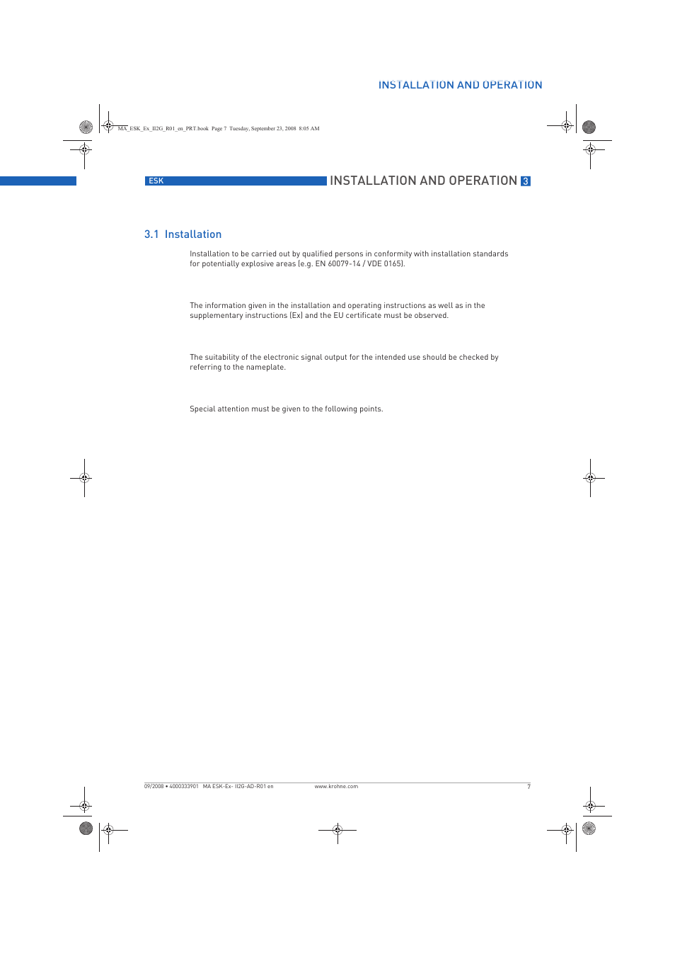 Installation and operation, Installation and operation 3.1 installation | KROHNE ESKII ESK3 PA ATEX II2G Ex i EN User Manual | Page 7 / 12