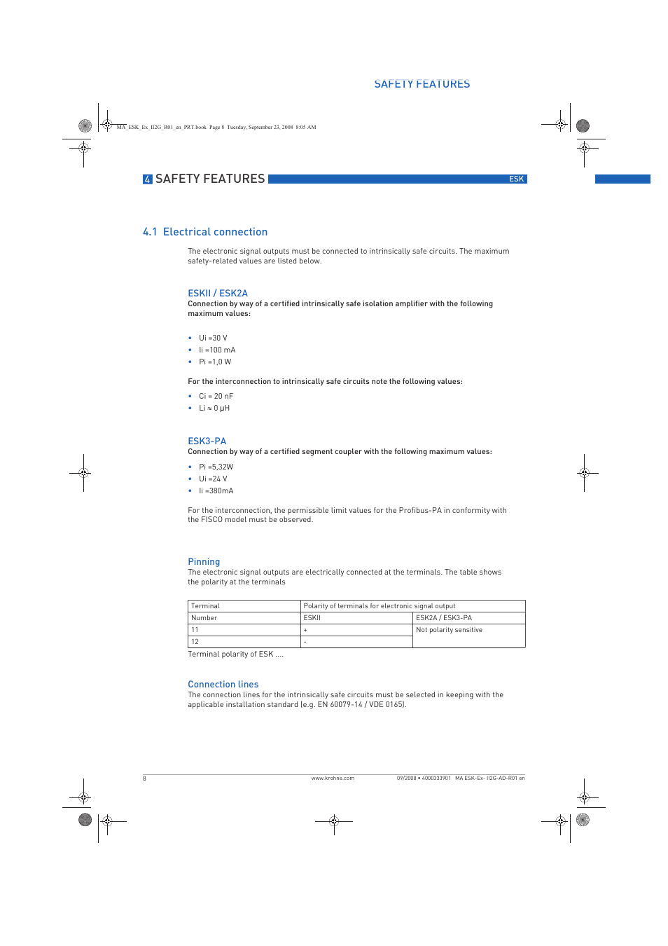 Safety features, Safety features 4.1 electrical connection | KROHNE ESKII ESK3 PA ATEX II2G Ex i EN User Manual | Page 8 / 12