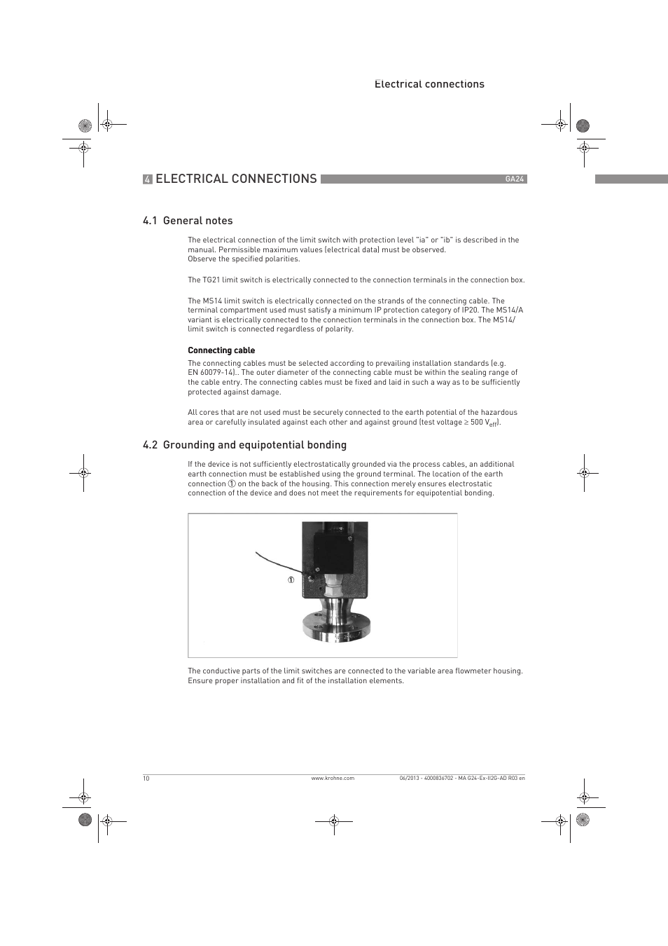 Electrical connections, 2 grounding and equipotential bonding | KROHNE GA 24 ATEX II2G Ex i EN User Manual | Page 10 / 16