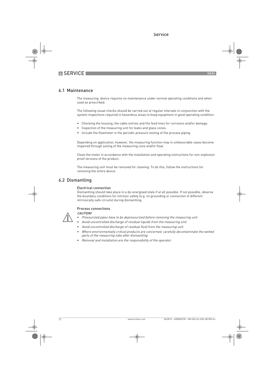 Service, Service 6.1 maintenance, 2 dismantling | KROHNE GA 24 ATEX II2G Ex i EN User Manual | Page 12 / 16