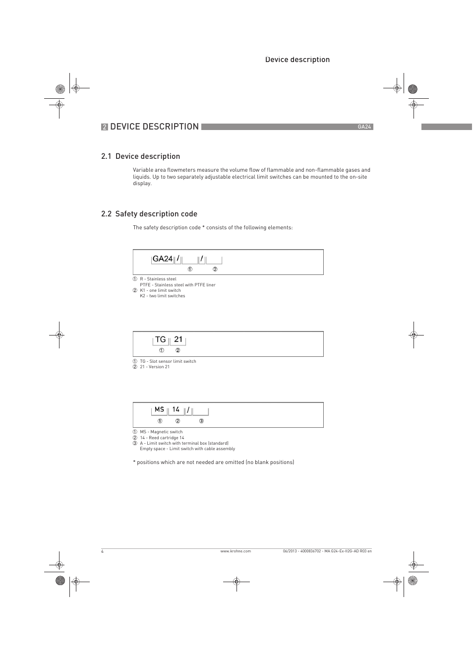 Device description, Device description 2.1 device description, 2 safety description code | KROHNE GA 24 ATEX II2G Ex i EN User Manual | Page 4 / 16