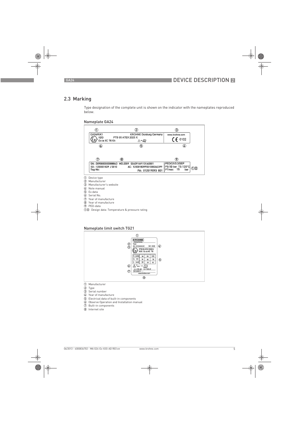 Device description, 3 marking | KROHNE GA 24 ATEX II2G Ex i EN User Manual | Page 5 / 16