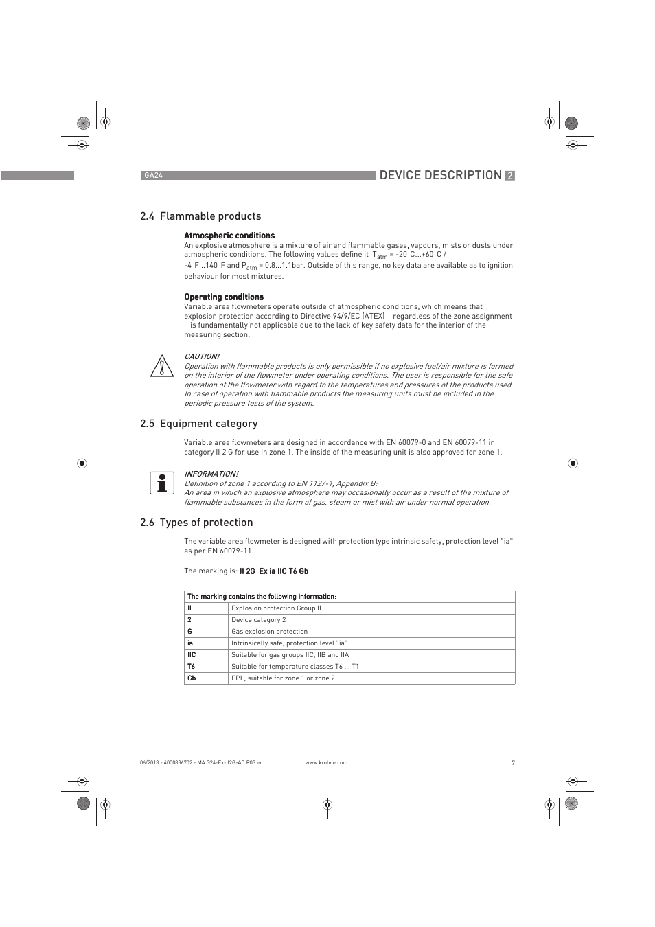 Device description, 4 flammable products, 5 equipment category | 6 types of protection | KROHNE GA 24 ATEX II2G Ex i EN User Manual | Page 7 / 16