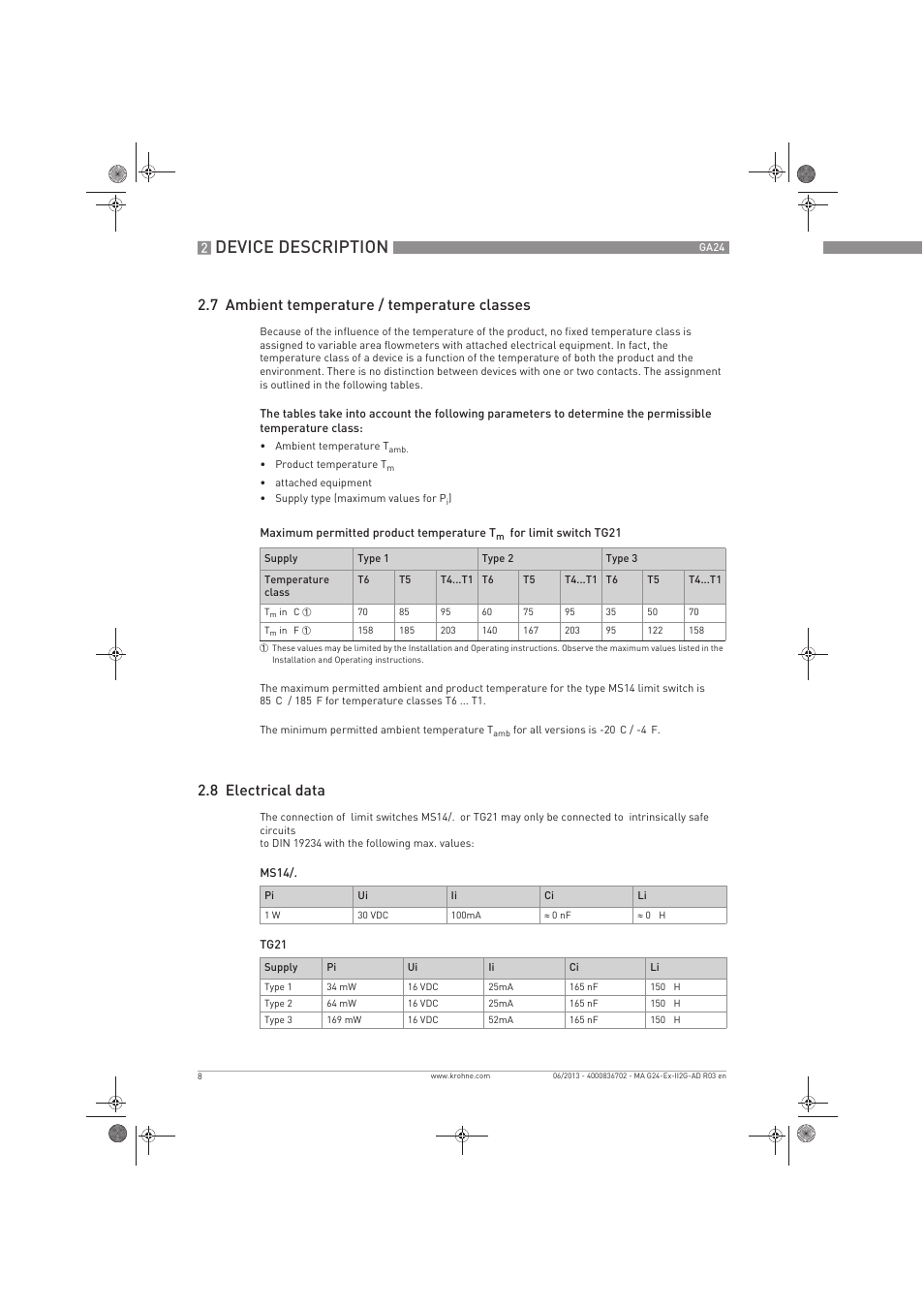 Device description, 7 ambient temperature / temperature classes, 8 electrical data | KROHNE GA 24 ATEX II2G Ex i EN User Manual | Page 8 / 16