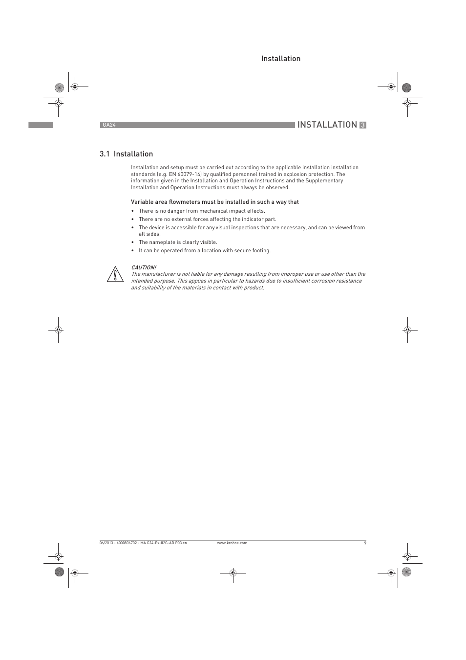 Installation, Installation 3.1 installation | KROHNE GA 24 ATEX II2G Ex i EN User Manual | Page 9 / 16