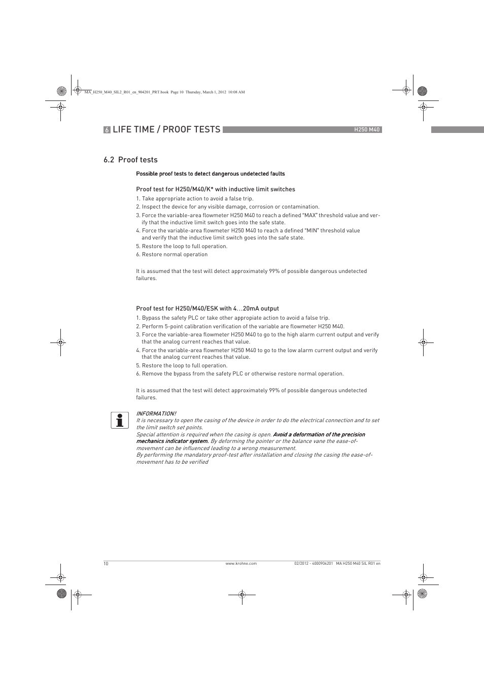 Life time / proof tests, 2 proof tests | KROHNE H250 M40 Safety V1 EN User Manual | Page 10 / 20
