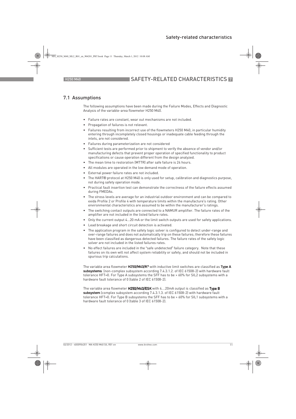 Safety-related characteristics, Safety-related characteristics 7.1 assumptions | KROHNE H250 M40 Safety V1 EN User Manual | Page 11 / 20