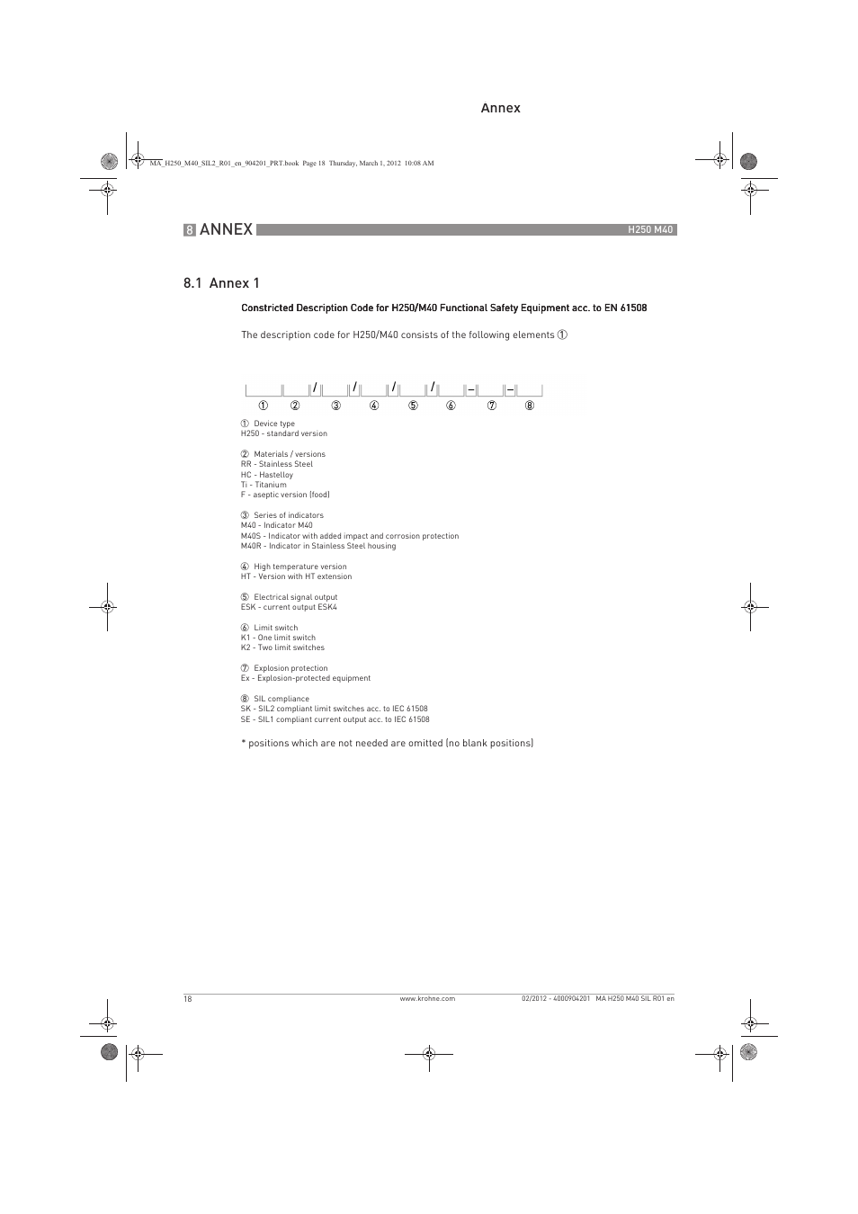 Annex, Annex 8.1 annex 1 | KROHNE H250 M40 Safety V1 EN User Manual | Page 18 / 20