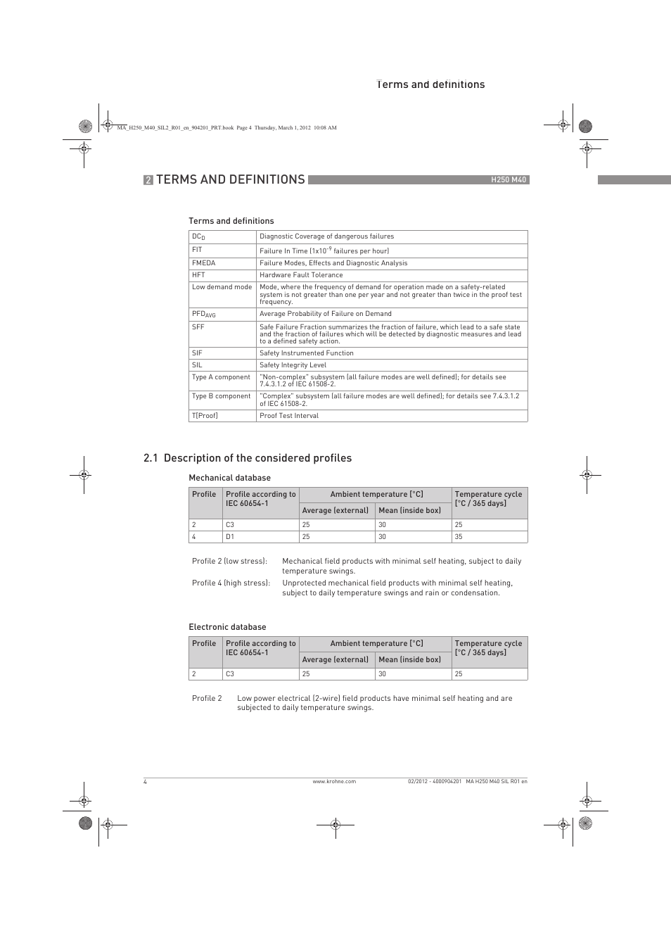 Terms and definitions, 1 description of the considered profiles | KROHNE H250 M40 Safety V1 EN User Manual | Page 4 / 20