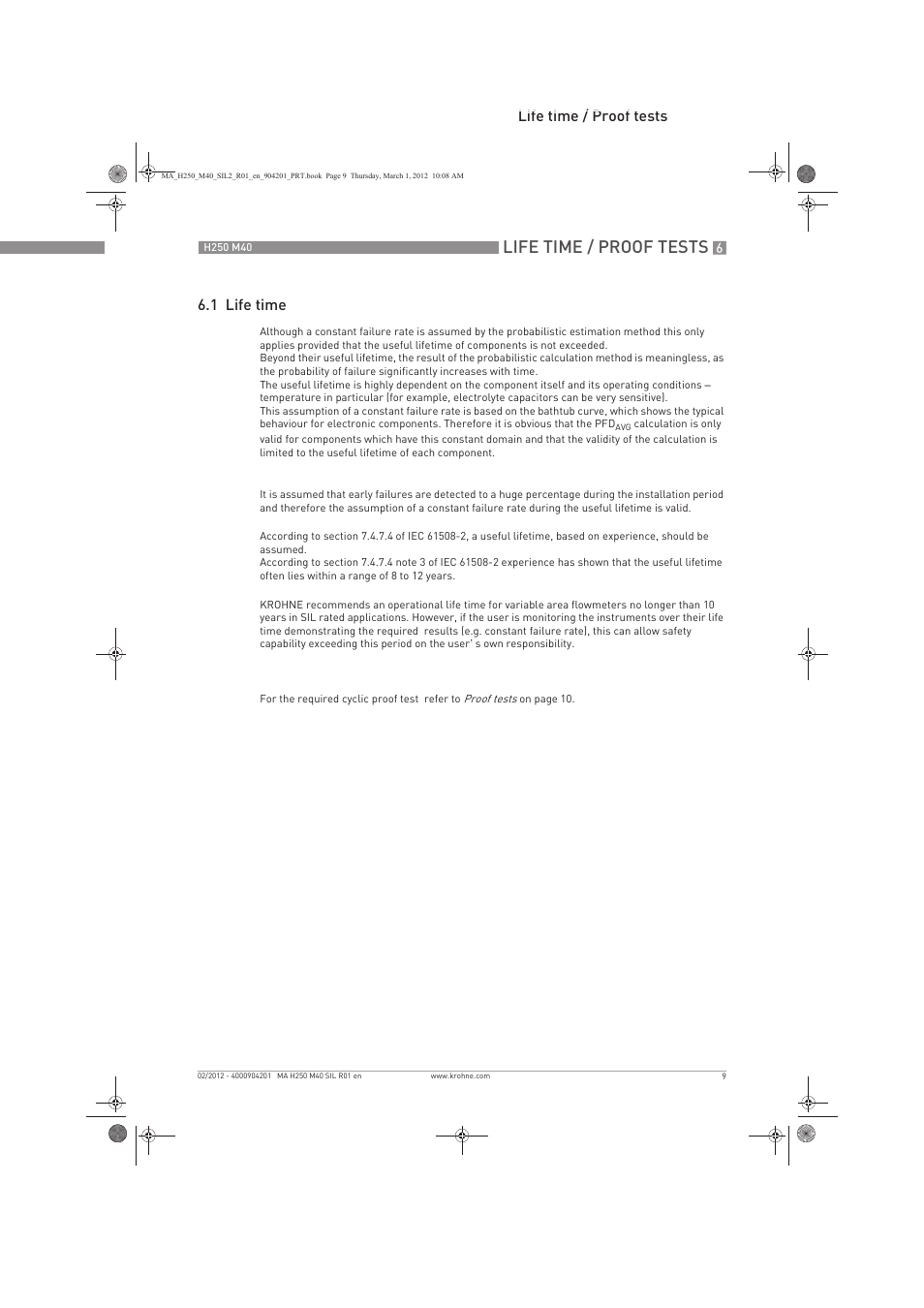 Life time / proof tests, Life time / proof tests 6.1 life time | KROHNE H250 M40 Safety V1 EN User Manual | Page 9 / 20