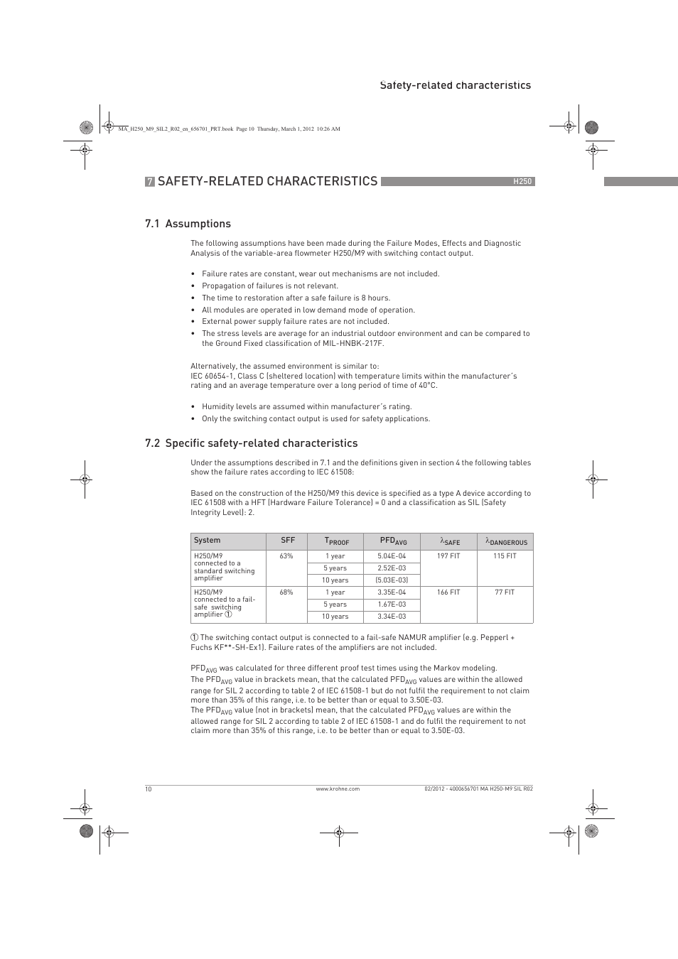 Safety-related characteristics, Safety-related characteristics 7.1 assumptions, 2 specific safety-related characteristics | KROHNE H250 M9 Safet V1 EN User Manual | Page 10 / 16