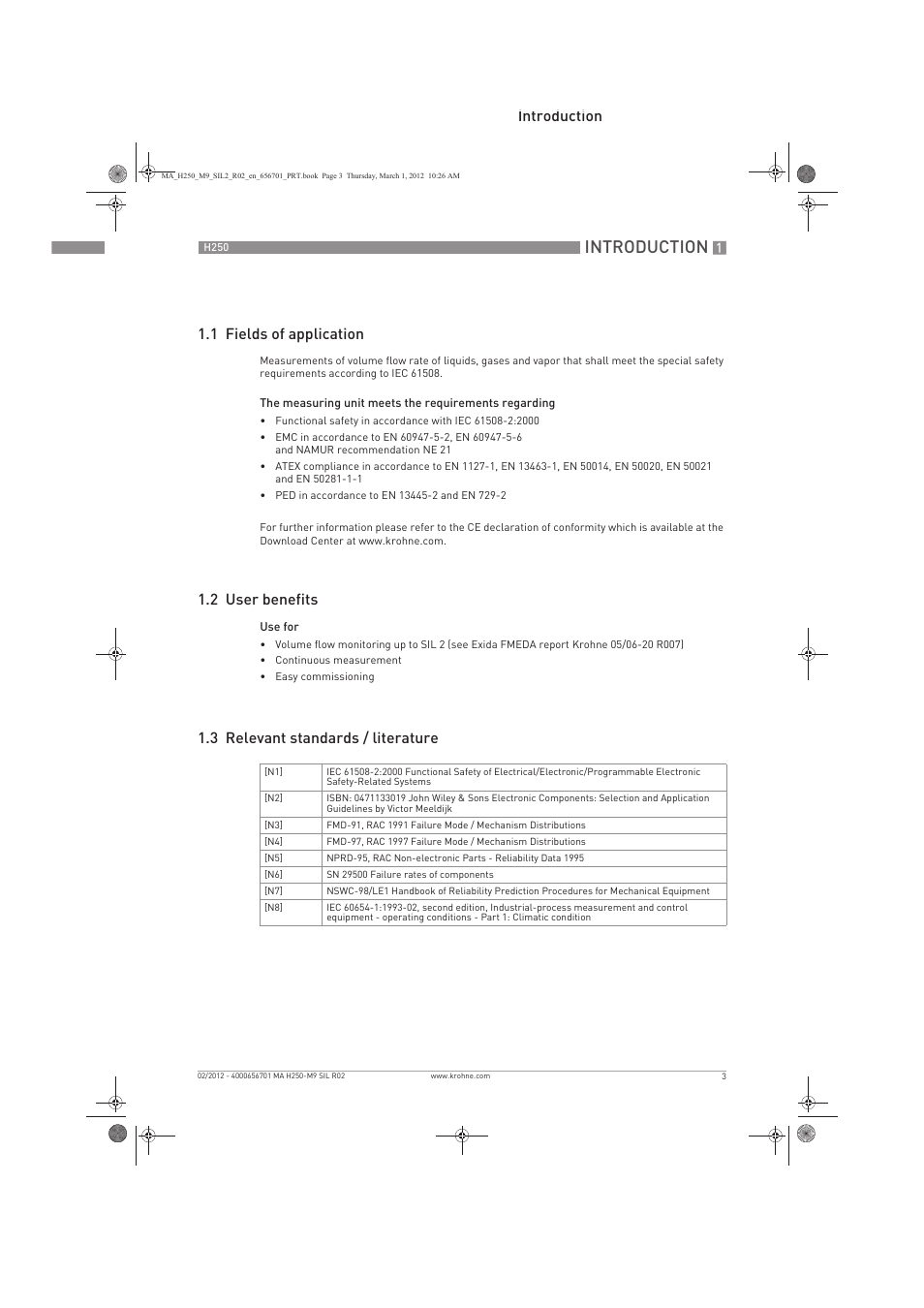 Introduction, Introduction 1.1 fields of application, 2 user benefits | 3 relevant standards / literature | KROHNE H250 M9 Safet V1 EN User Manual | Page 3 / 16