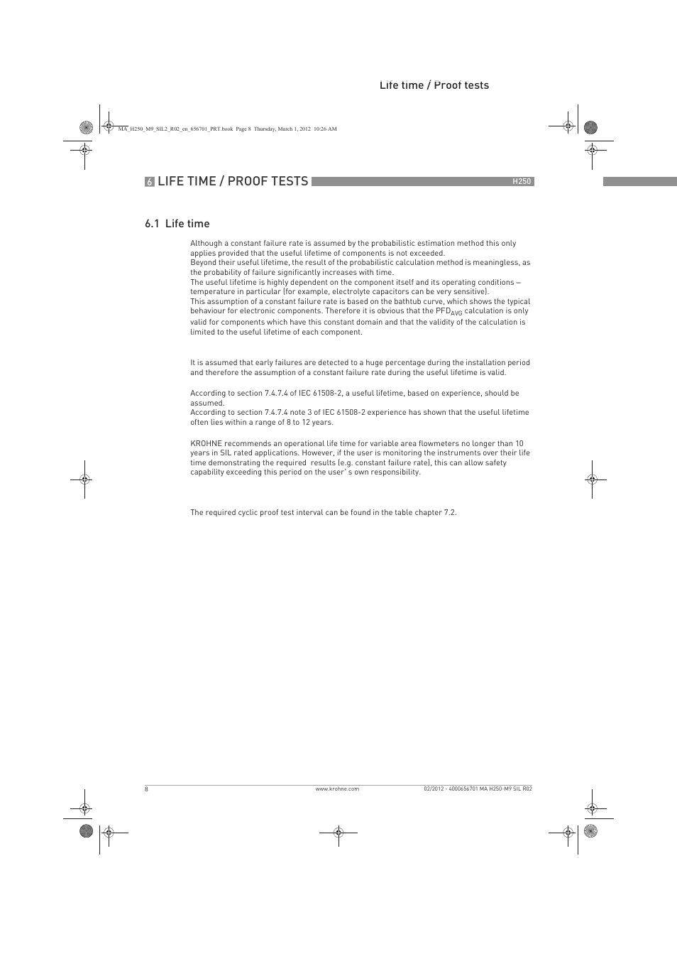 Life time / proof tests, Life time / proof tests 6.1 life time | KROHNE H250 M9 Safet V1 EN User Manual | Page 8 / 16