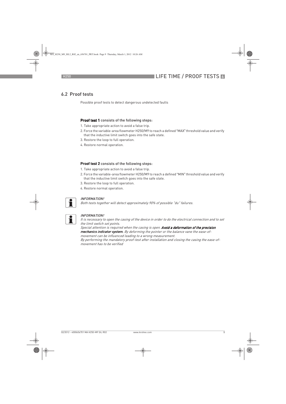 Life time / proof tests, 2 proof tests | KROHNE H250 M9 Safet V1 EN User Manual | Page 9 / 16