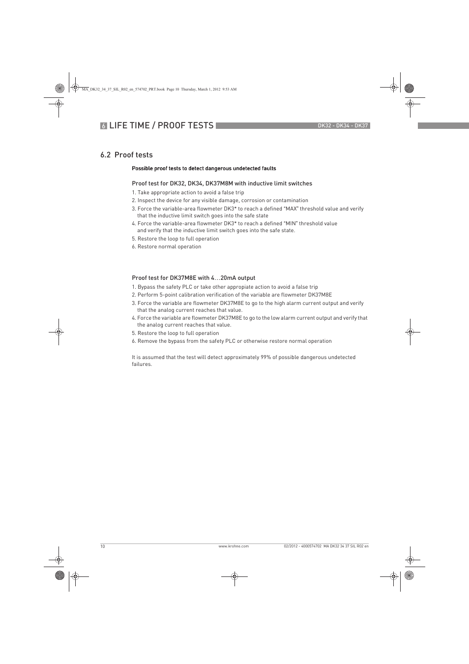 Life time / proof tests, 2 proof tests | KROHNE DK 32-DK 34-DK 37 Safety V1 EN User Manual | Page 10 / 20