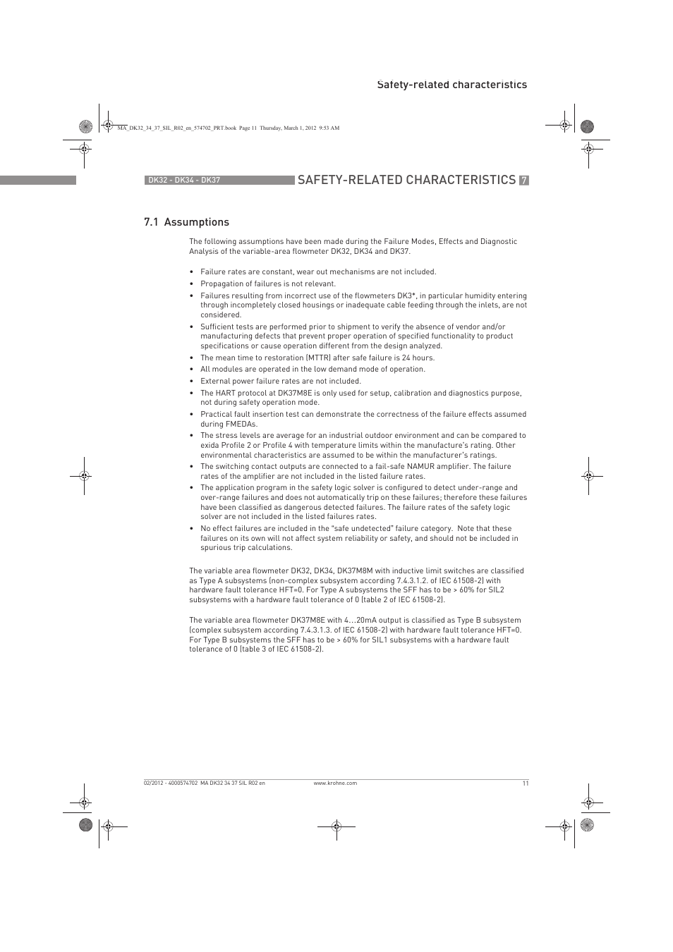 Safety-related characteristics, Safety-related characteristics 7.1 assumptions | KROHNE DK 32-DK 34-DK 37 Safety V1 EN User Manual | Page 11 / 20