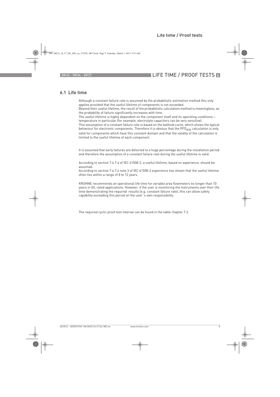Life time / proof tests, Life time / proof tests 6.1 life time | KROHNE DK 32-DK 34-DK 37 Safety V1 EN User Manual | Page 9 / 20