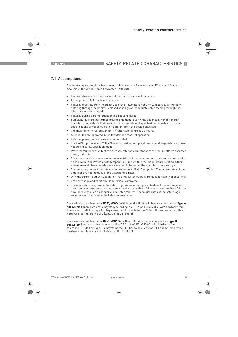 Safety-related characteristics, Safety-related characteristics 7.1 assumptions | KROHNE H250 M40 Safety V2 EN User Manual | Page 11 / 20