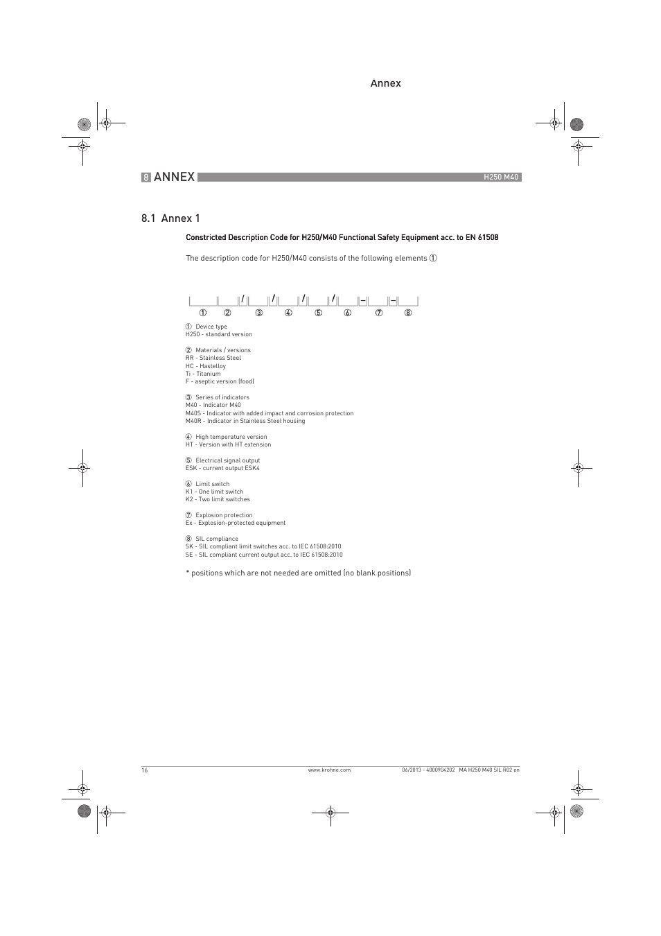 Annex, Annex 8.1 annex 1 | KROHNE H250 M40 Safety V2 EN User Manual | Page 16 / 20