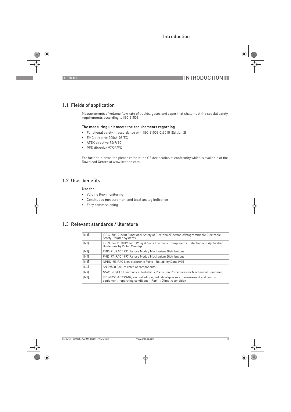 Introduction, Introduction 1.1 fields of application, 2 user benefits | 3 relevant standards / literature | KROHNE H250 M9 Safet V2 EN User Manual | Page 3 / 16